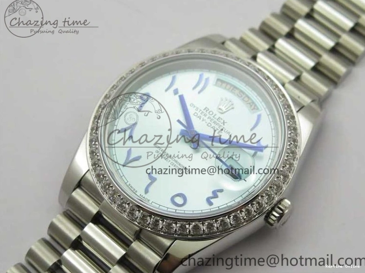 0417 Day Date 40mm SS BP Maker Best Edition Diamond Bezel Blue Dial Arabic Markers On SS Bracelet A Lightweight 2883